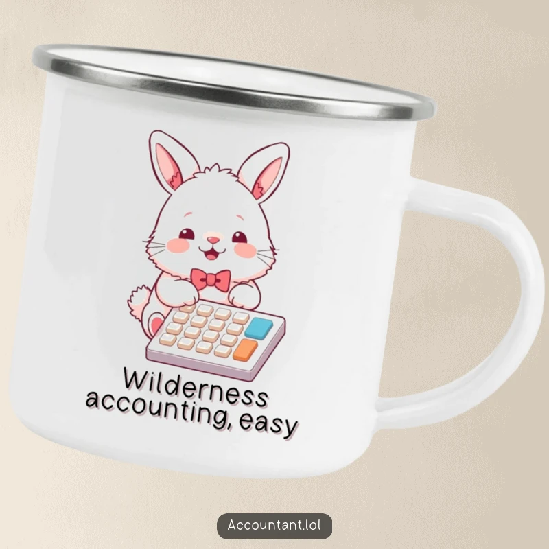 Funny bunny accountant camping mug, a fluffy rabbit in a bowtie, joyfully using a calculator, durable for outdoor use.
