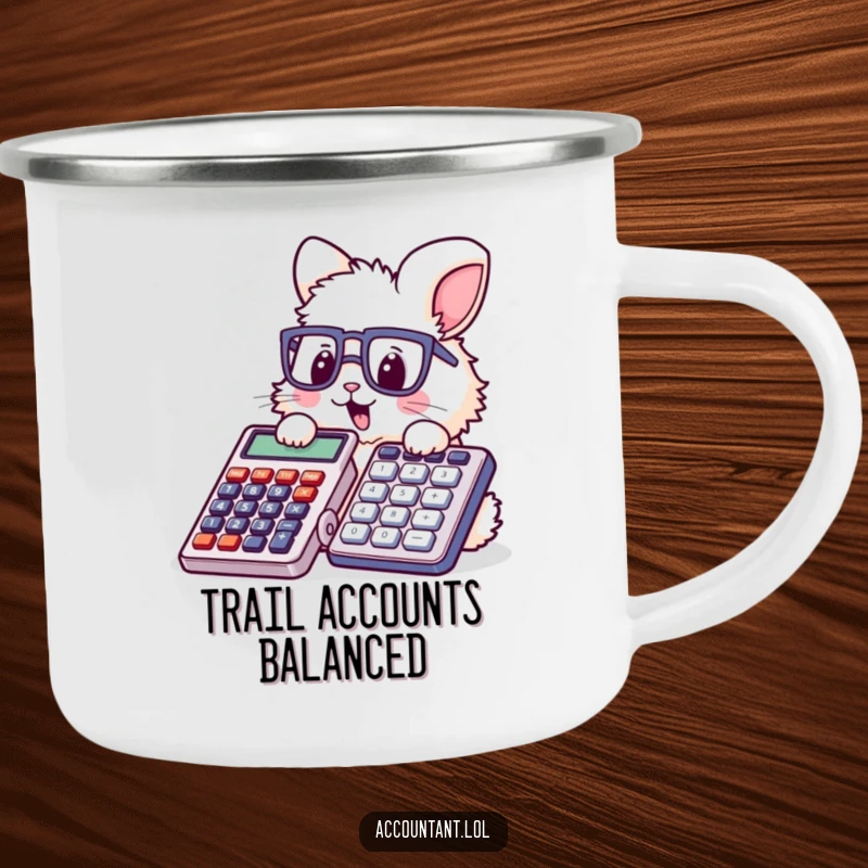 Funny bunny accountant camping mug, a cute rabbit with glasses stamping a giant calculator, perfect for outdoor enthusiasts.