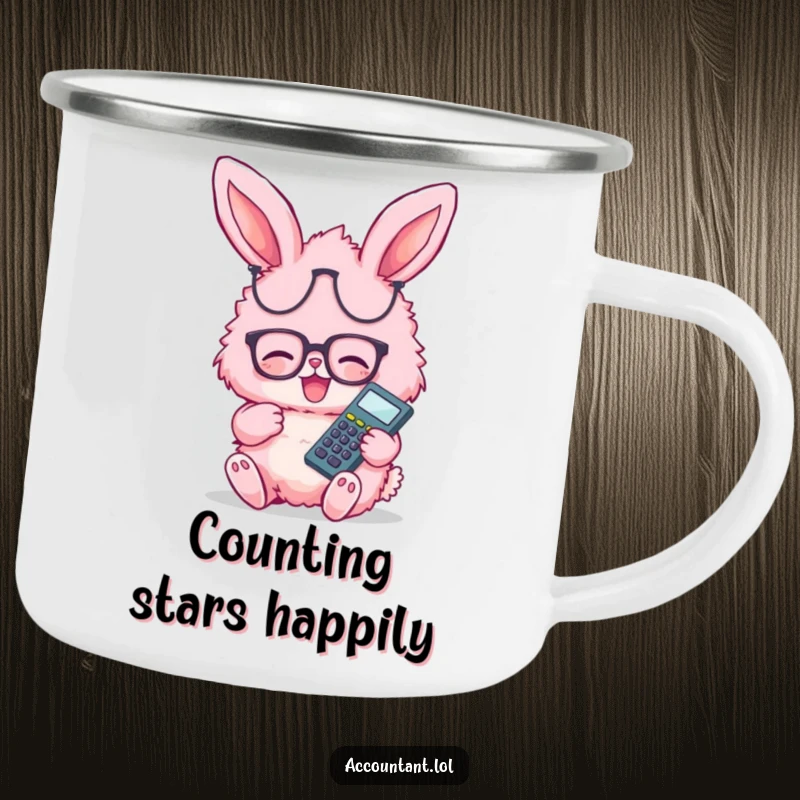 Funny pink fluffy bunny wearing glasses, giggling happily with calculator, on a durable enamel camping mug.