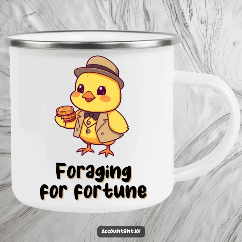 Funny cheerful yellow chick in a tiny suit balancing coins on its beak, on a durable enamel camping mug.