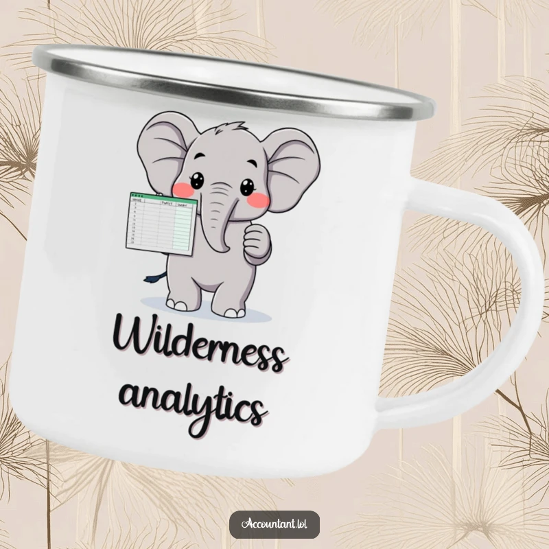 Funny camping mug illustrating a proud elephant with a spreadsheet, symbolizing organized adventures and humor.