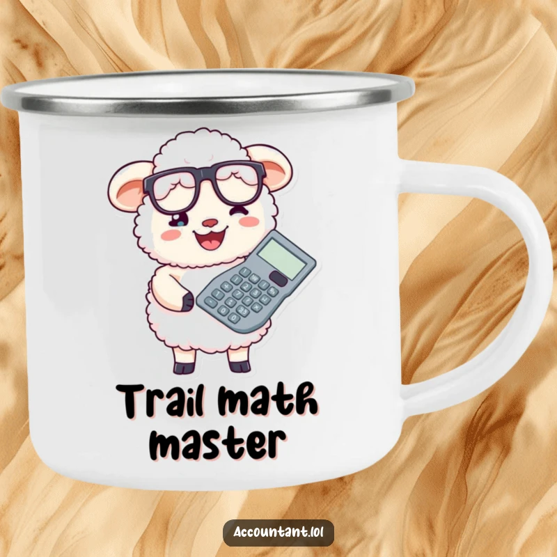 Funny sheep accountant with glasses and a giant calculator, perfect for rugged, humorous outdoor sipping.