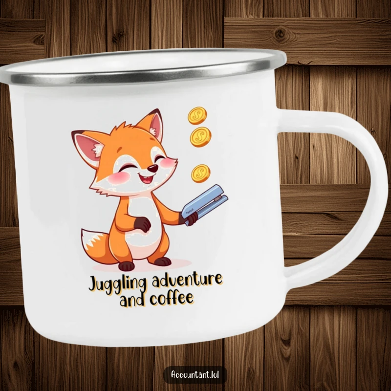 Funny giggling fox juggling coins and a stapler on a durable and funny camping mug.