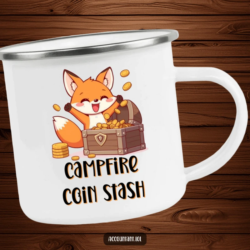 Funny fox treasure camping mug, an energetic fox joyfully tossing coins into a treasure chest, for outdoor enthusiasts.