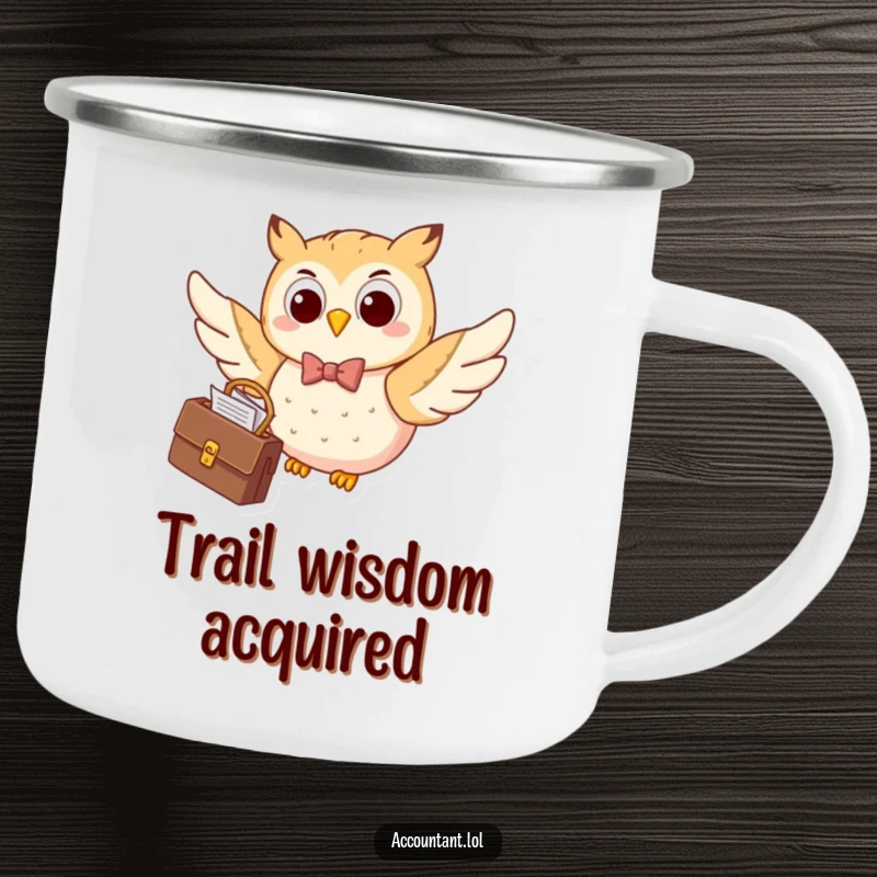 Funny happy owl in a bow tie, flying with a briefcase, a durable and humorous camping mug for outdoor lovers.