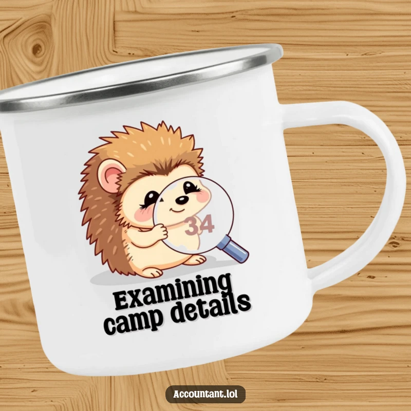 Funny hedgehog magnifying camping mug, a giggling hedgehog peering through a magnifying glass at a tiny number, for outdoor use.