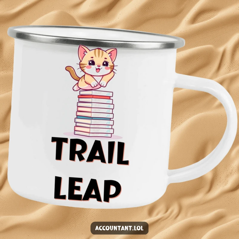 Funny camping mug showing a playful kitten jumping over a stack of financial reports, perfect for outdoor humor.