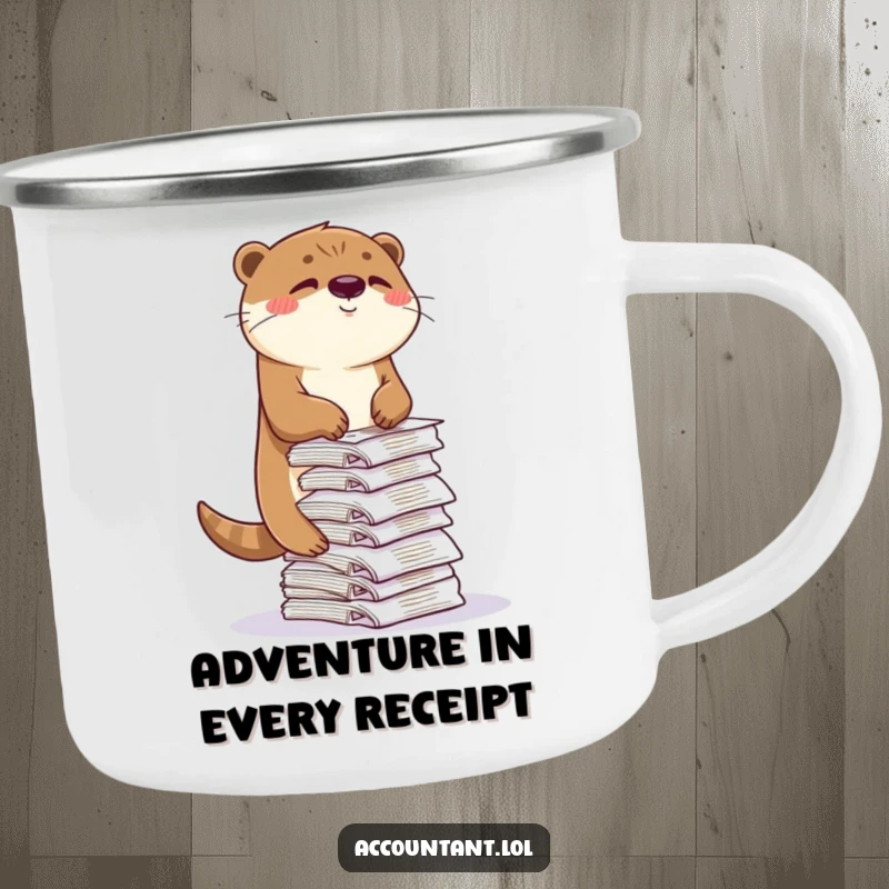Funny otter camping mug, a playful otter winking while balancing receipts, durable and humorous for outdoors.
