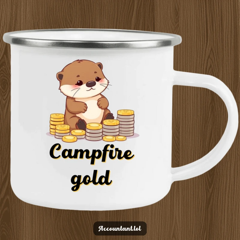 Funny camping mug featuring a diligent otter carefully arranging coins into neat piles, perfect for enjoying drinks outdoors with a saving humor theme.