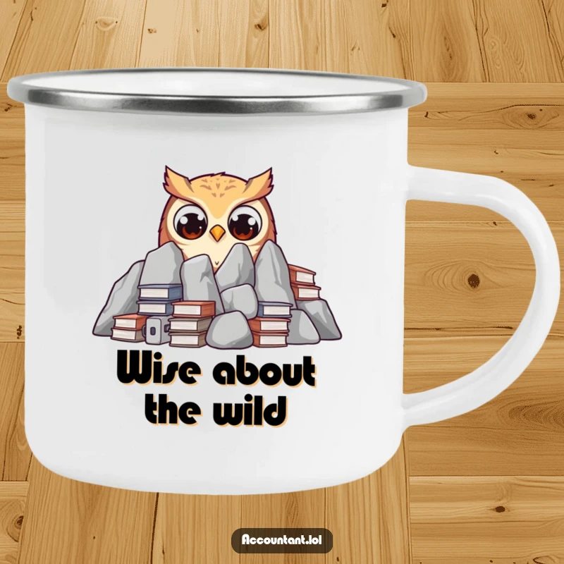 Funny curious owl peeking from behind ledgers with wide eyes on a durable and funny camping mug.