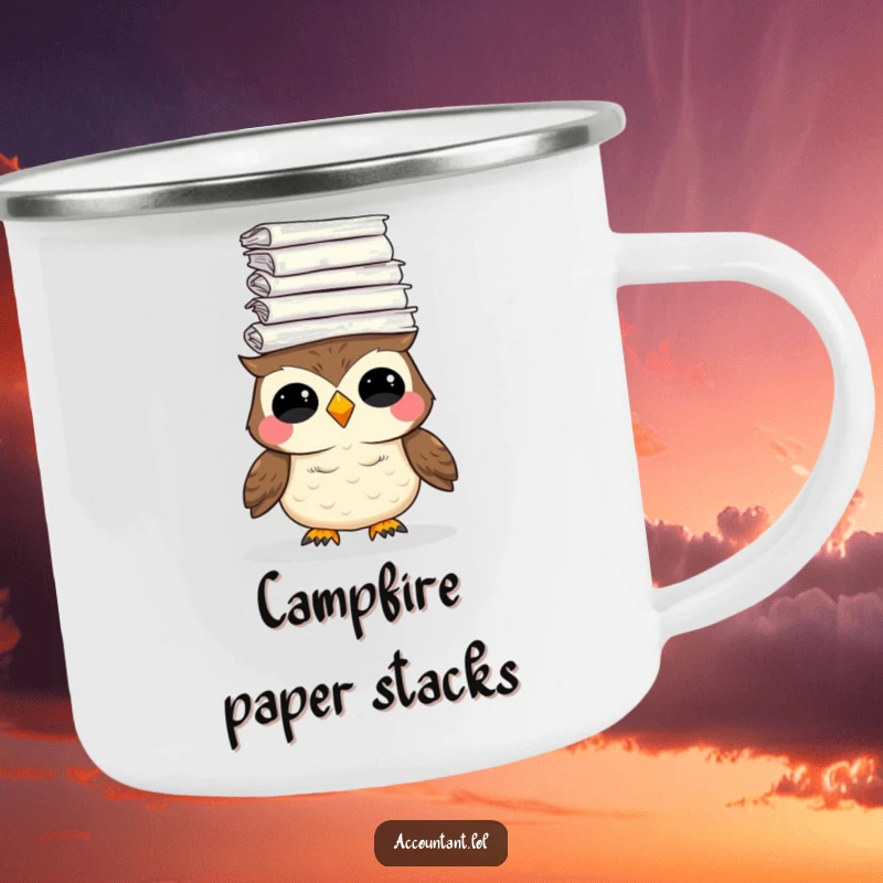 Funny camping mug showing a giggling owl balancing a huge stack of paper, perfect for outdoor study sessions or work breaks.