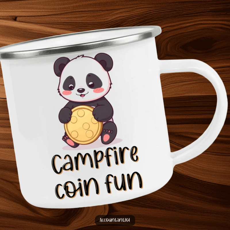 Funny panda camping mug featuring a playful panda bouncing a coin, ideal for outdoor fun and good fortune.