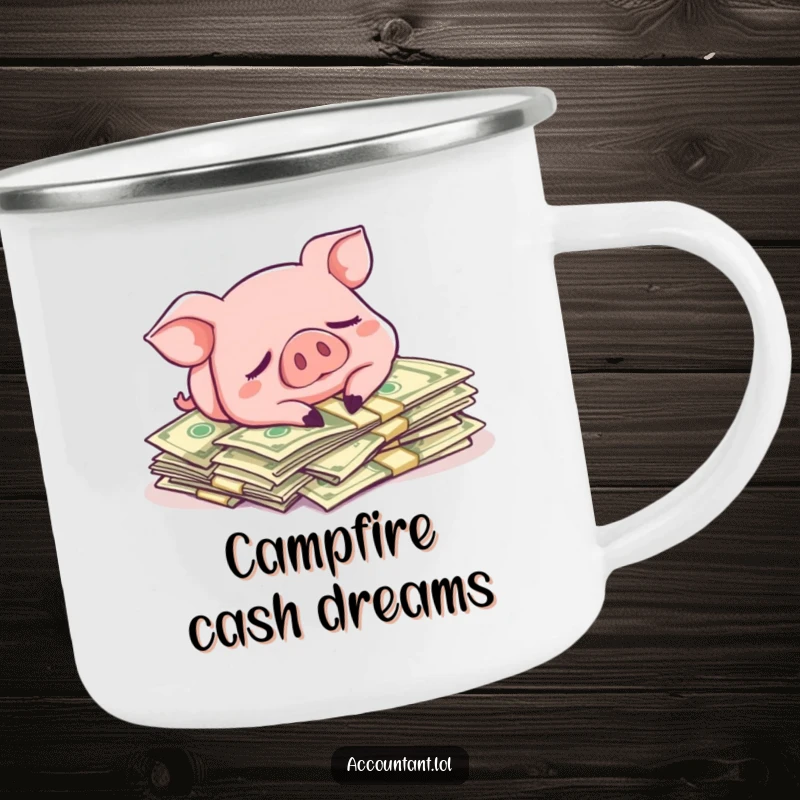 Funny camping mug illustrating a pig sleeping on money, symbolizing adventure and financial aspirations with a humorous twist.