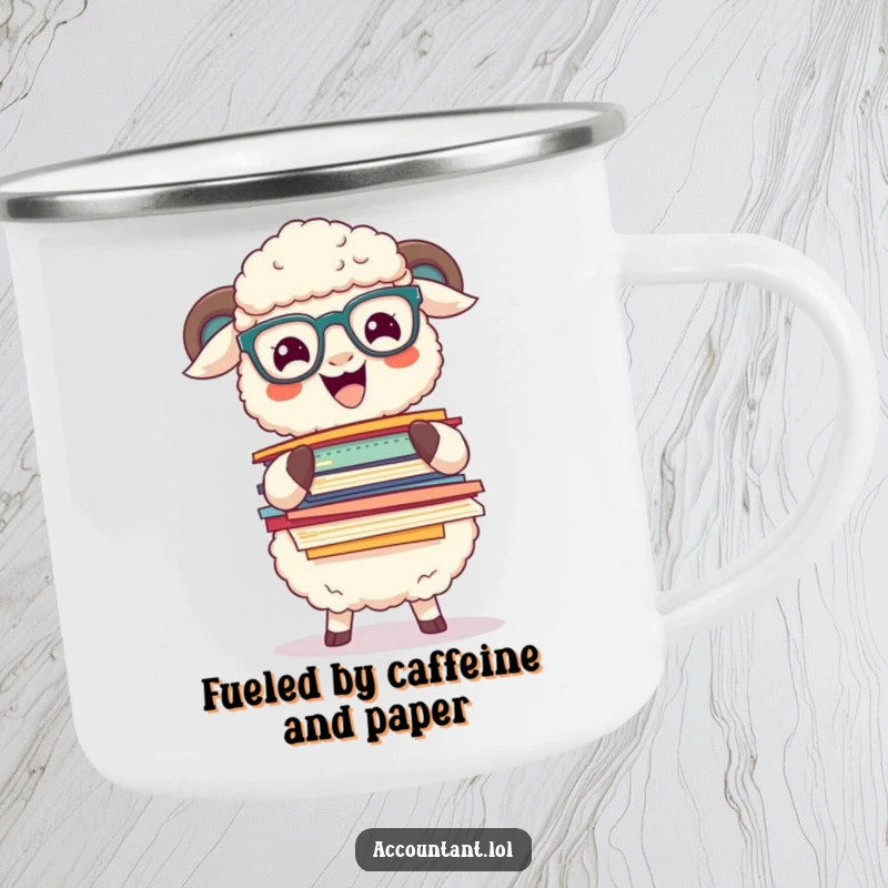 Funny sheep wearing glasses balancing a huge stack of colorful papers on a durable and funny camping mug.