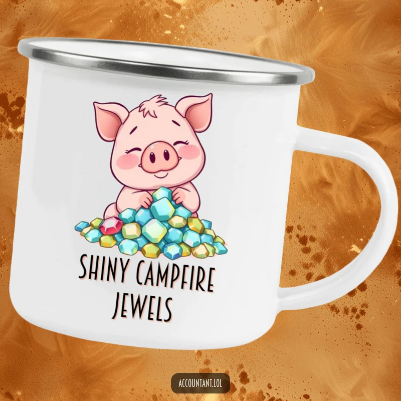 Funny smiling pig counting gems on a camping mug, ideal for outdoor enthusiasts who love luxury.