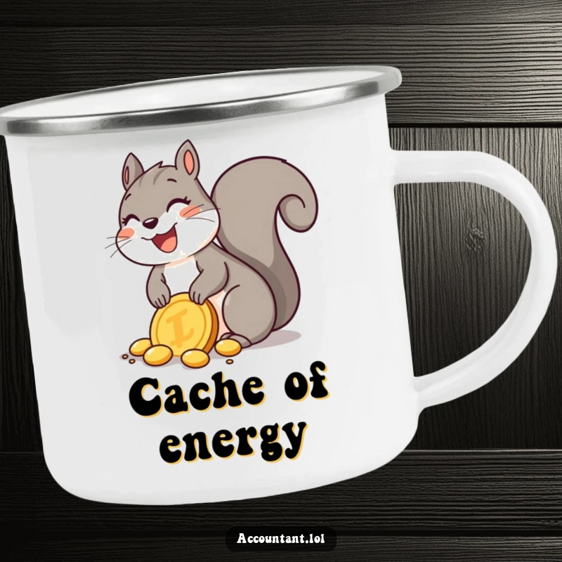 Funny Squirrel Camping Mug: A delighted squirrel joyfully buries a golden coin, perfect for adventures and beverages.
