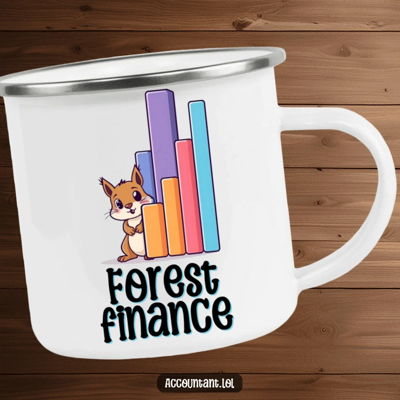 Funny squirrel peeking in amazement behind a colossal bar graph on a sturdy camping mug, ready for adventure.