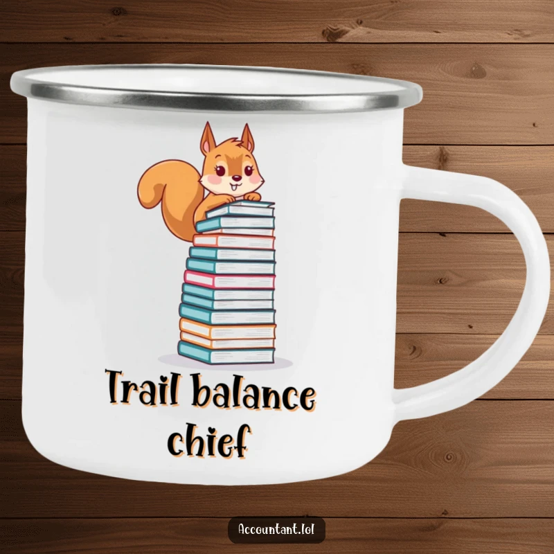Funny camping mug featuring a playful squirrel balancing a precarious stack of financial ledgers, perfect for enjoying drinks outdoors with finance humor.