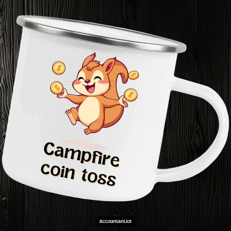 Funny squirrel camping mug featuring a joyful squirrel juggling coins, ideal for outdoor enthusiasts who love fun.