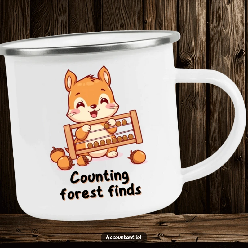 Funny Squirrel Saver Camping Mug, a squirrel counting acorns, durable and humorous, ideal for outdoor adventures.