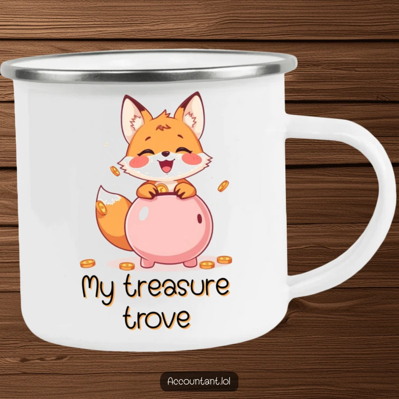 Funny Camping Mug showing a cheerful fox cub with a piggy bank, perfect for outdoor savings humor.