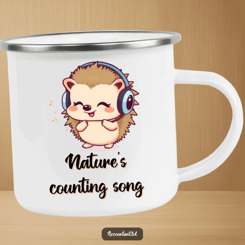 Funny camping mug with a cute hedgehog wearing headphones, humming and counting, ideal for humorous outdoor music lovers.