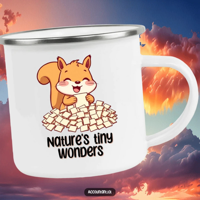 Funny squirrel camping mug, a delighted squirrel sorting tiny paper slips, durable and humorous for outdoor use.