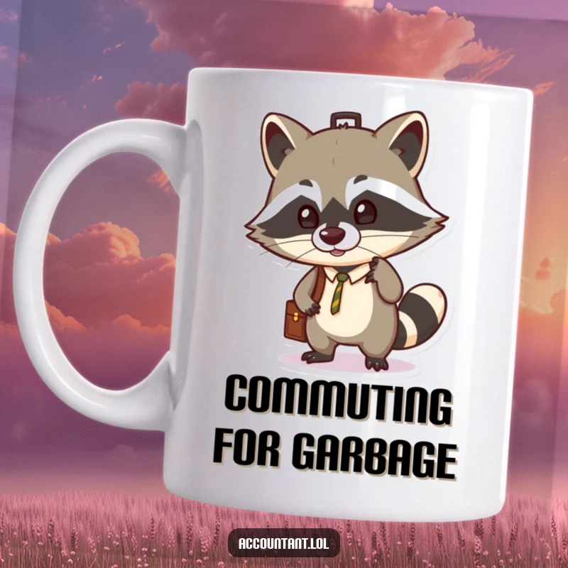 Funny mug featuring a sly raccoon skillfully balancing a briefcase on its nose, embodying mischievous business ambition.