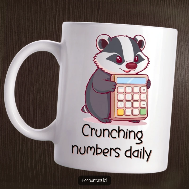 Funny Badger Mug: A determined badger intensely pushes a giant calculator, embodying focus and accounting humor.