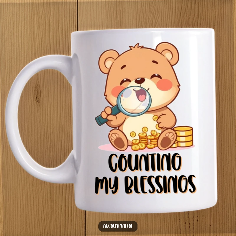 Funny, cheerful bear cub gleefully counting coins with a magnifying glass on a mug, symbolizing financial joy.