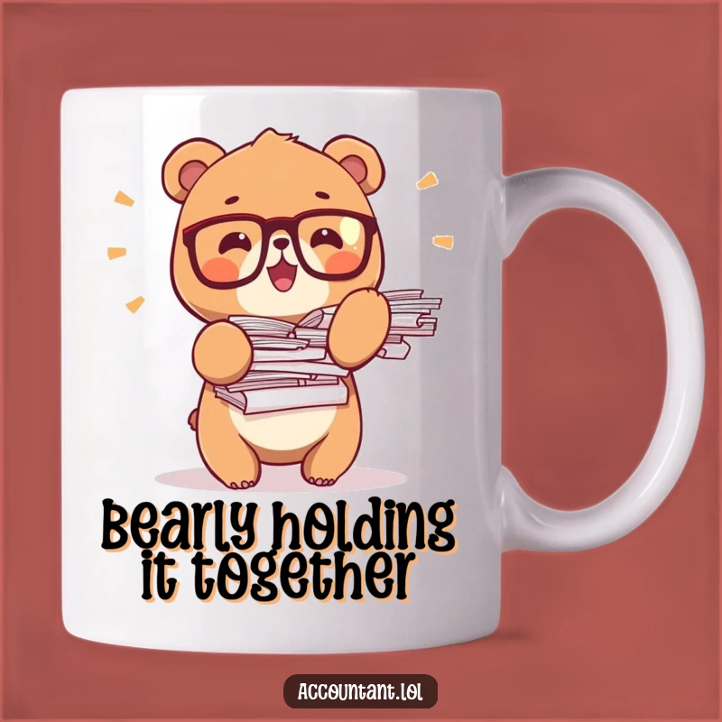 Funny Bear Office Mug: Tiny Glasses Bear Balancing Papers, Perfect Gift