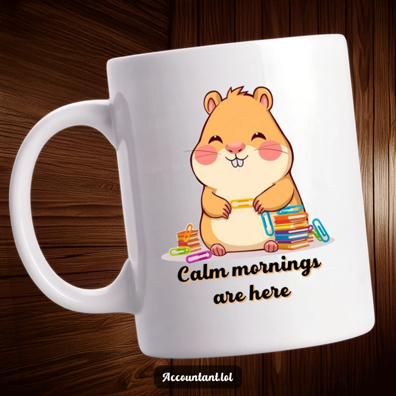 Funny Capybara Accountant Mug: A calm capybara smiles while neatly stacking colorful paper clips.