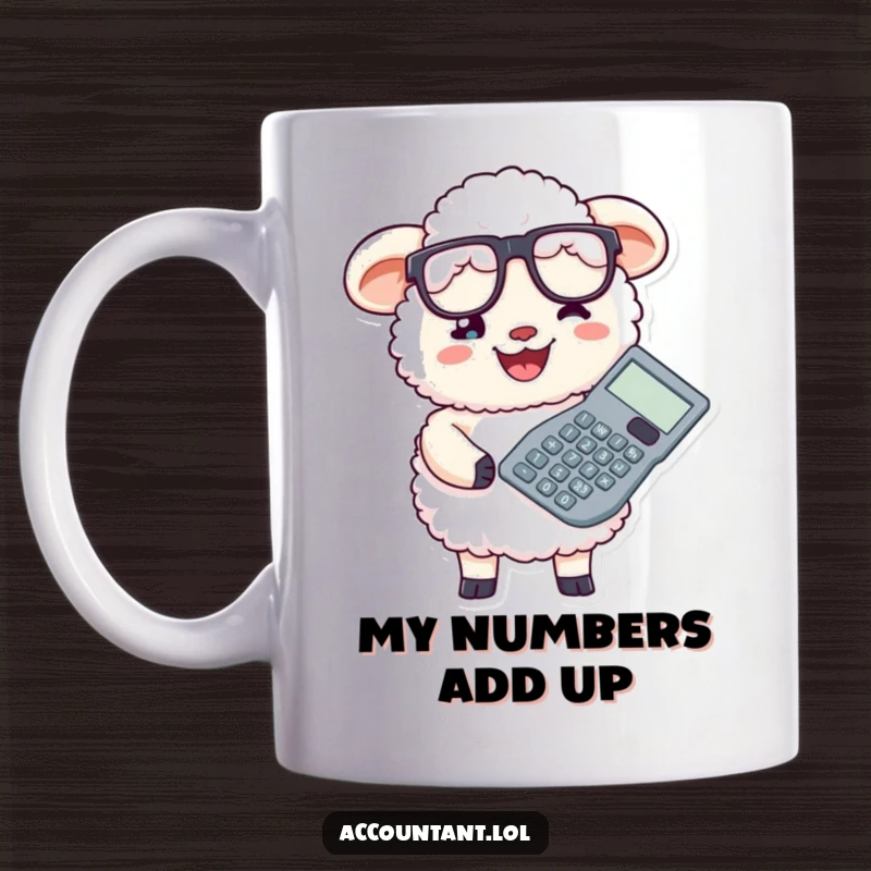 Funny sheep character in glasses holding a giant calculator with a wide, pleased smile, ready for accounting tasks.