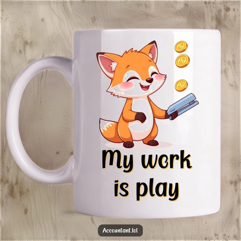 Funny giggling fox gleefully juggling shiny coins and a stapler on a mug, symbolizing multi-tasking.