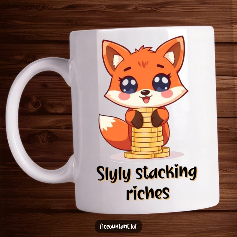 Funny giddy red fox stacking oversized coin stacks with wide, excited eyes, great for entrepreneurs.