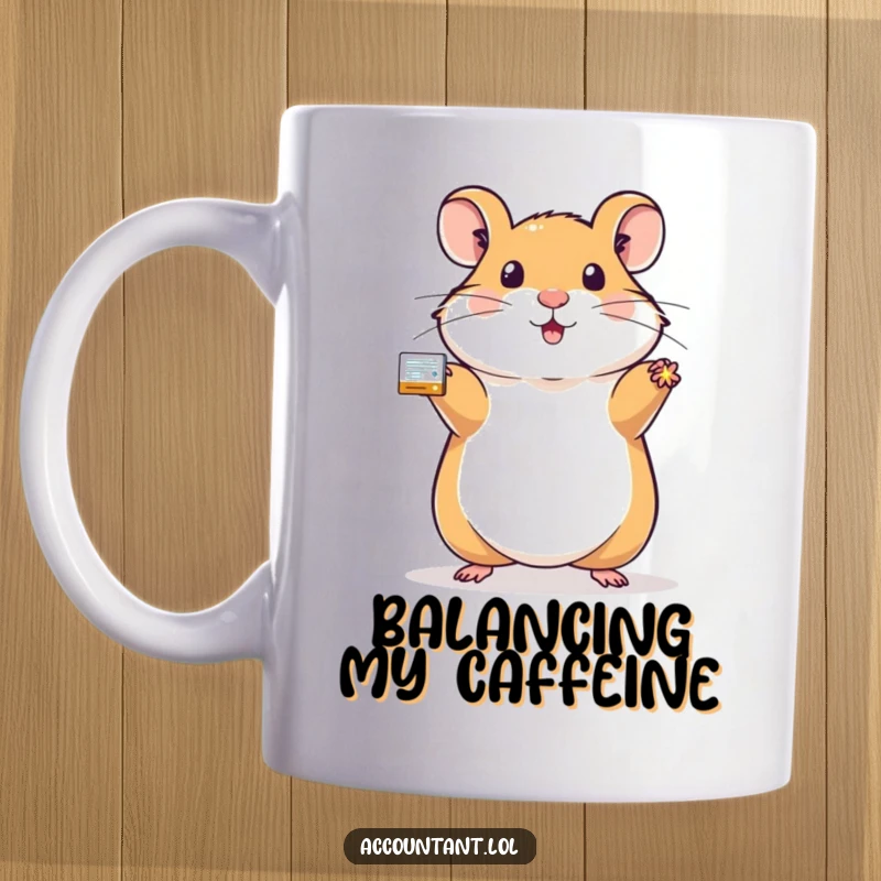 Funny hamster mug depicting a proud hamster holding a sparkling, balanced ledger with a confident grin.