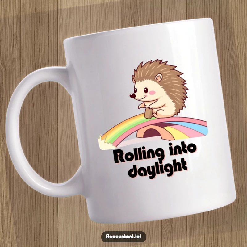 Funny mug depicting a happy hedgehog energetically rolling a large ledger across a vibrant rainbow bridge, symbolizing joyful progress.