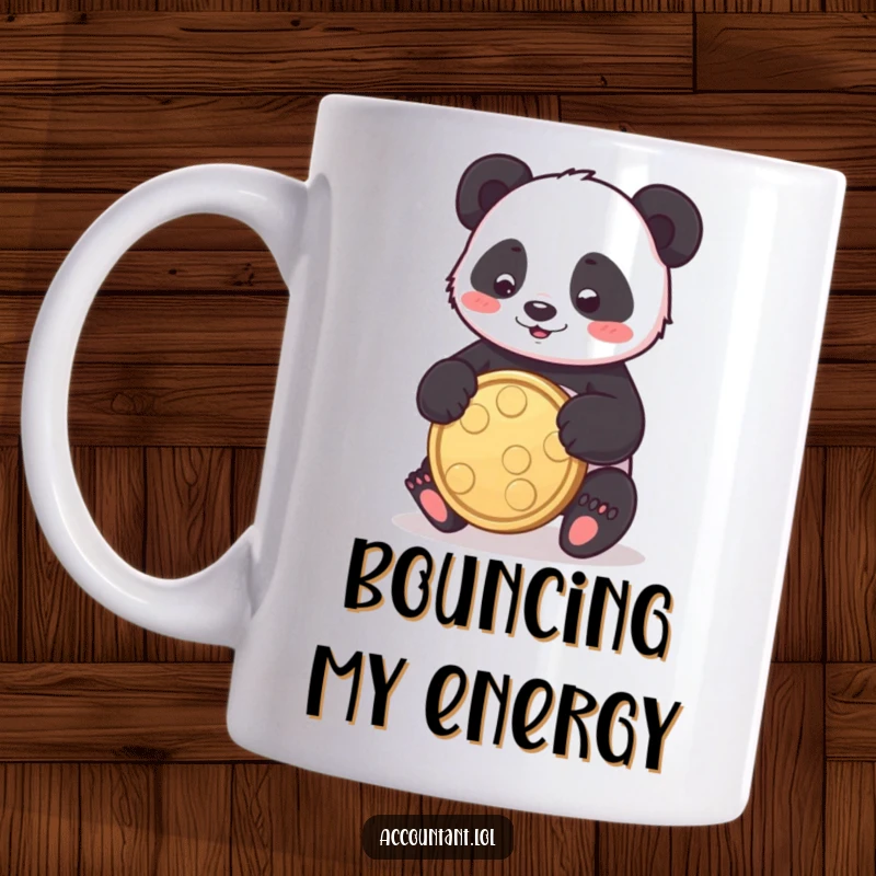 Funny panda mug depicting a playful panda happily bouncing a large coin between its paws, symbolizing fun and fortune.