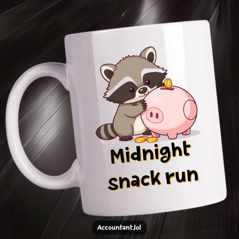 Funny mug showing a playful raccoon attempting to steal coins from a piggy bank, embodying stealth and humor.