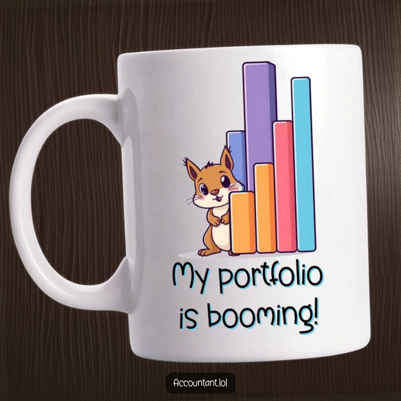 Funny squirrel peeking in amazement behind a massive bar graph on a ceramic mug, symbolizing financial surprise.