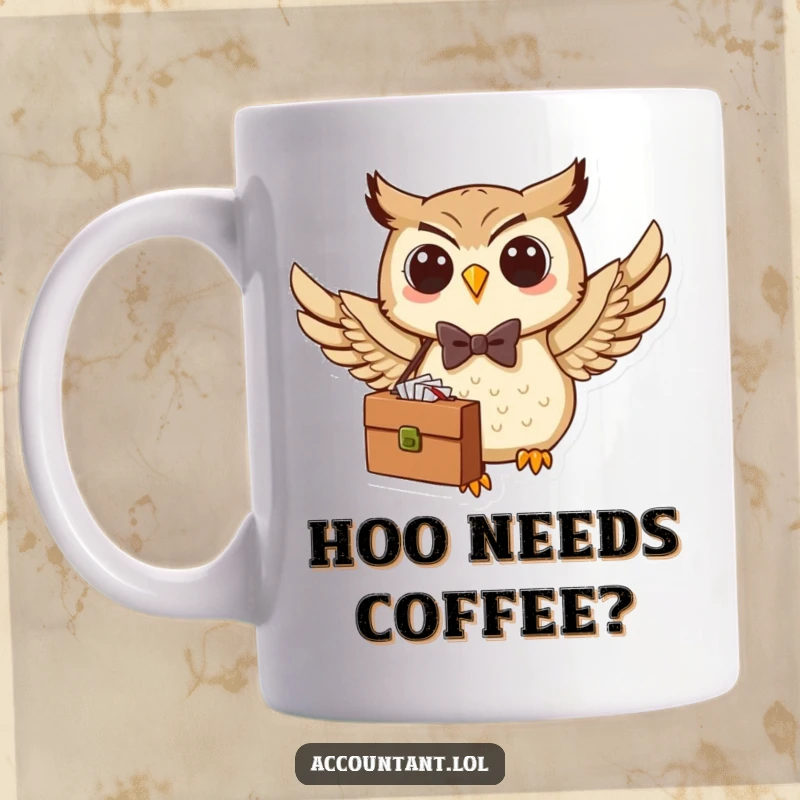 Funny Owl Mug: A dapper owl in a bow tie soars with a briefcase, ready for business, embodying ambition and humor.
