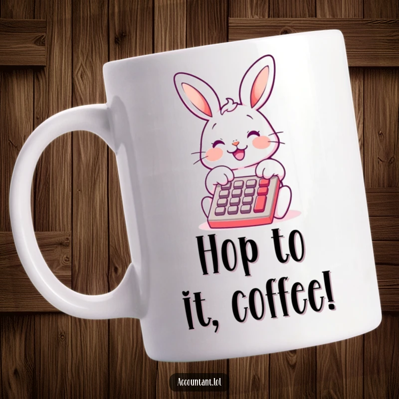 Funny Bunny Bookkeeper Mug, a cheerful bunny tapping a calculator, smiling, showcasing financial fun, a perfect cute gift.