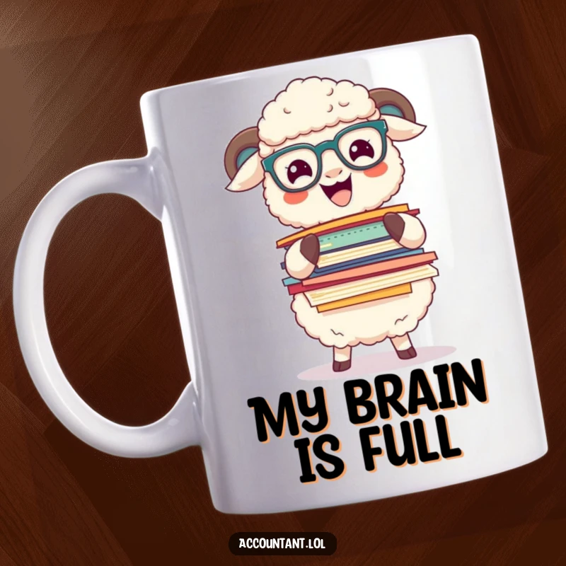 Funny sheep wearing glasses humorously balancing a precarious stack of colorful papers on a mug, symbolizing office life.