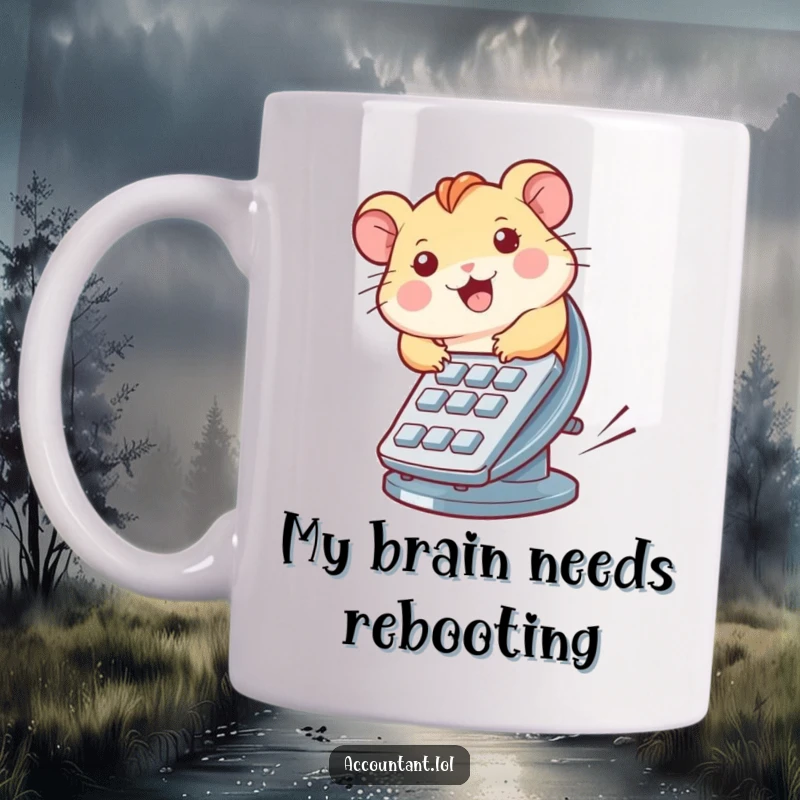 Funny mug with a smiling hamster energetically running on a tiny calculator wheel, symbolizing a funny, chaotic workday.