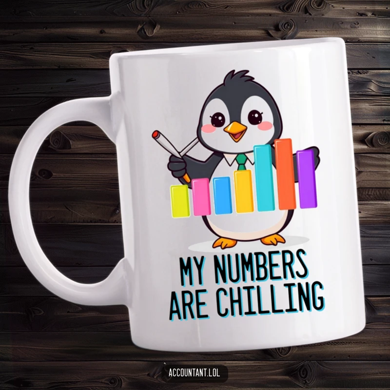 Funny Penguin Accountant Mug: An excited penguin flipper proudly points at a vibrant bar graph, celebrating financial success.