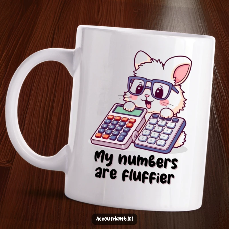 Funny bunny accountant mug with tiny glasses, looking stressed but cute while stamping a giant calculator with enthusiasm.