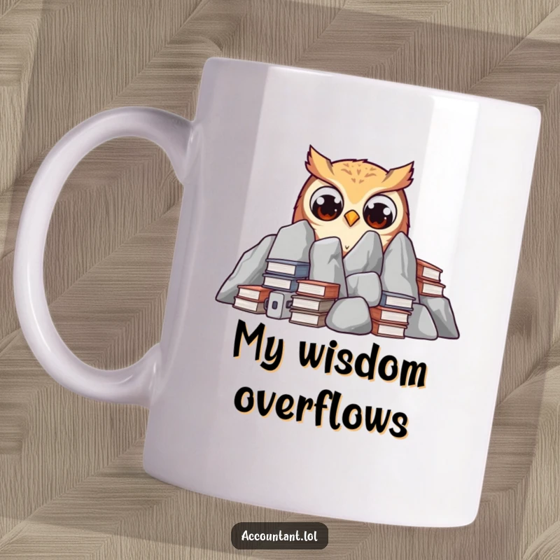 Funny curious owl peeking from behind ledgers with wide eyes on a mug, symbolizing knowledge and observation.