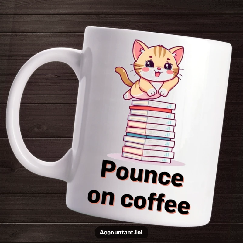 Funny mug featuring a playful kitten leaping over a massive stack of financial reports, symbolizing agility and humor.