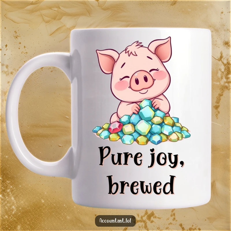 Funny smiling pig happily counting a pile of sparkling gems with a contented sigh, a humorous mug for wealth lovers.