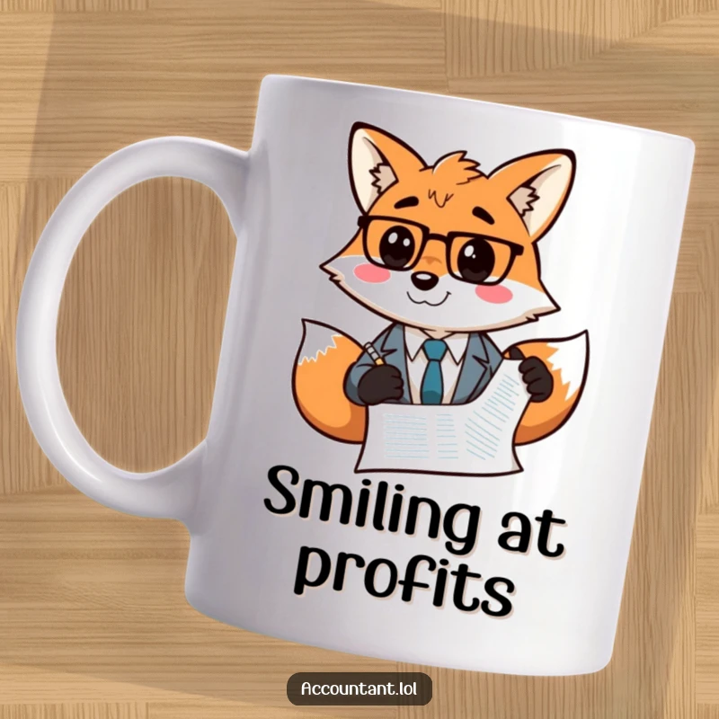 Funny Fox Accountant Mug: A cunning fox accountant grins while drawing a smiley face on a balance sheet.